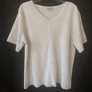 BonWorth Gray Textured Lace Trim V Neck Button Front Short Sleeve Top Women's L